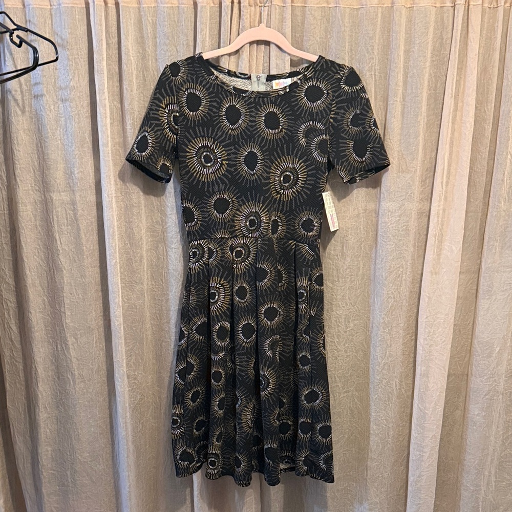 LuLaRoe Black Dress with Gold Sunburst Print